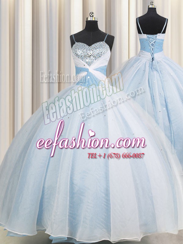 Enchanting Ball Gowns Quinceanera Gowns Light Blue Spaghetti Straps Organza Sleeveless Floor Length Lace Up