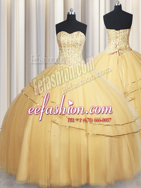  Visible Boning Big Puffy Sleeveless Organza Floor Length Lace Up Sweet 16 Quinceanera Dress in Champagne with Beading and Ruching