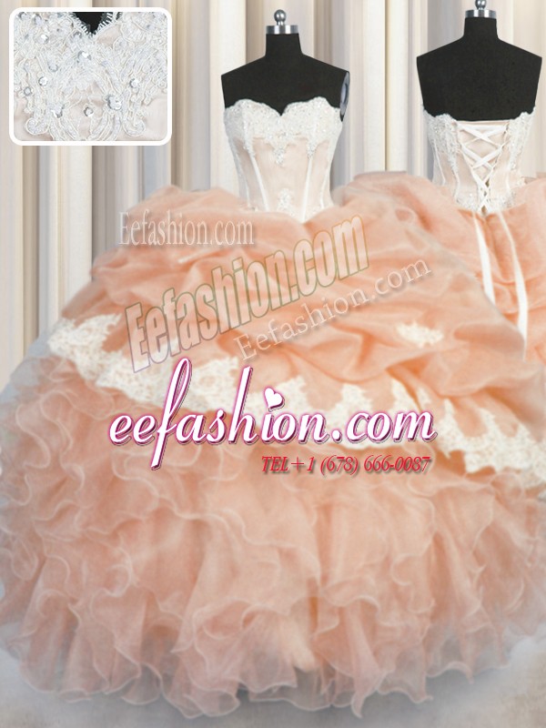Exquisite Floor Length Peach Ball Gown Prom Dress Organza Sleeveless Appliques and Ruffles and Pick Ups