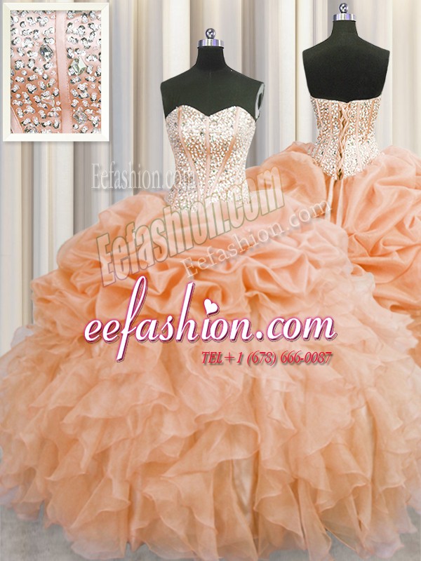 Artistic Visible Boning Orange Sweetheart Neckline Beading and Ruffles Sweet 16 Dress Sleeveless Lace Up