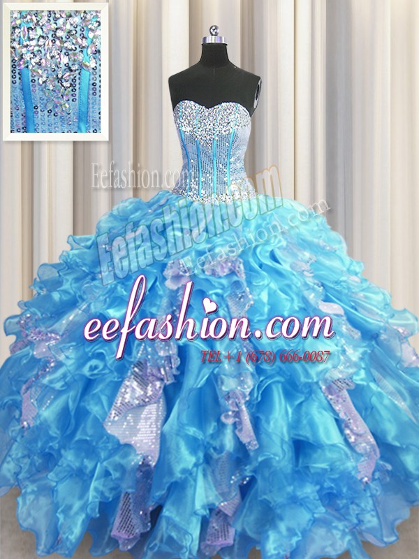 Affordable Visible Boning Organza and Sequined Sweetheart Sleeveless Lace Up Beading and Ruffles and Sequins 15 Quinceanera Dress in Baby Blue