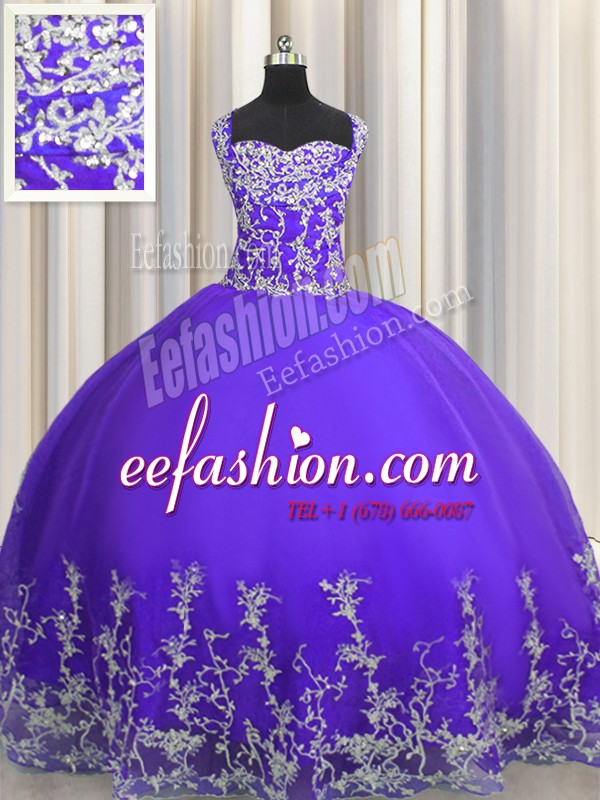Luxury Purple Tulle Lace Up Straps Sleeveless Floor Length Quinceanera Dresses Beading and Appliques