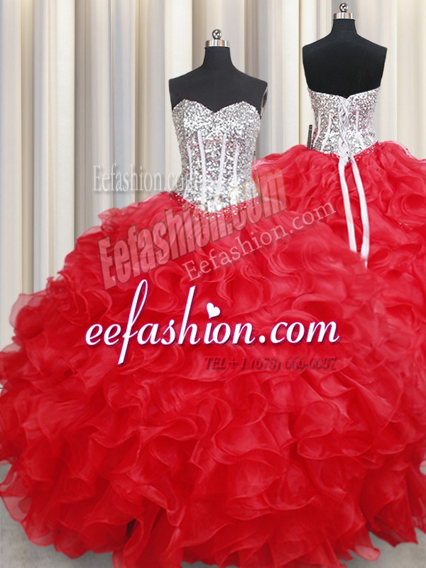 Stylish Ball Gowns Vestidos de Quinceanera Red Sweetheart Organza Sleeveless Floor Length Lace Up