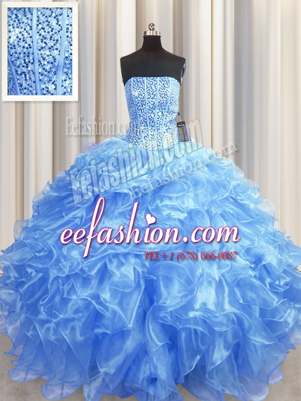 Exquisite Visible Boning Baby Blue Ball Gowns Organza Strapless Sleeveless Beading and Ruffles Floor Length Lace Up Quinceanera Dresses