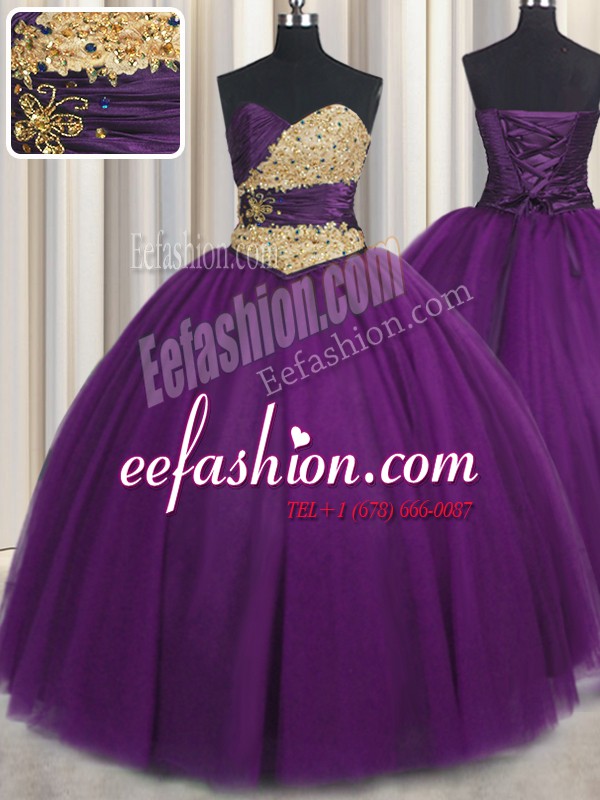 Wonderful Purple Sweetheart Lace Up Beading and Appliques Quinceanera Gown Sleeveless