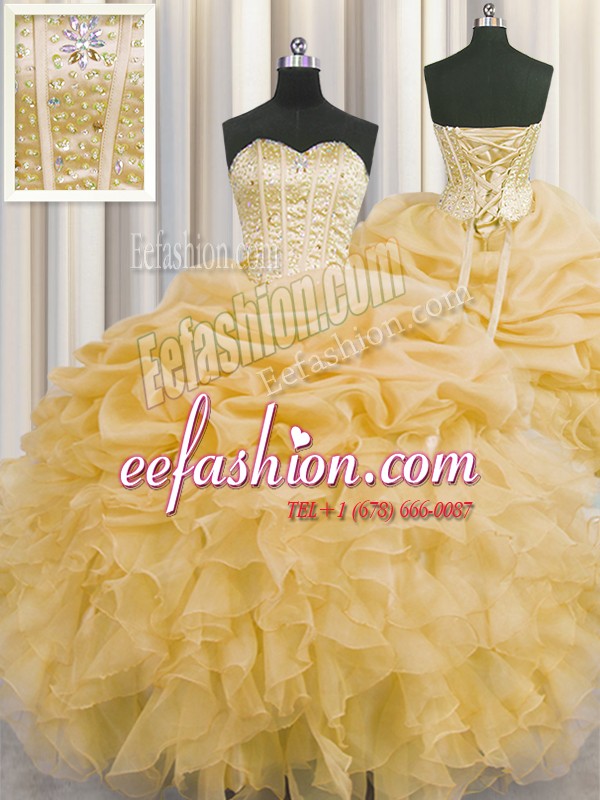 Flirting Visible Boning Gold Sweetheart Lace Up Beading and Ruffles and Pick Ups Quince Ball Gowns Sleeveless