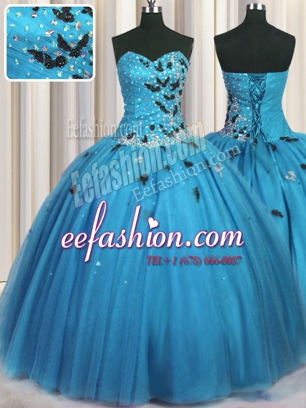 Stylish Baby Blue Ball Gowns Beading and Appliques 15th Birthday Dress Lace Up Tulle Sleeveless Floor Length