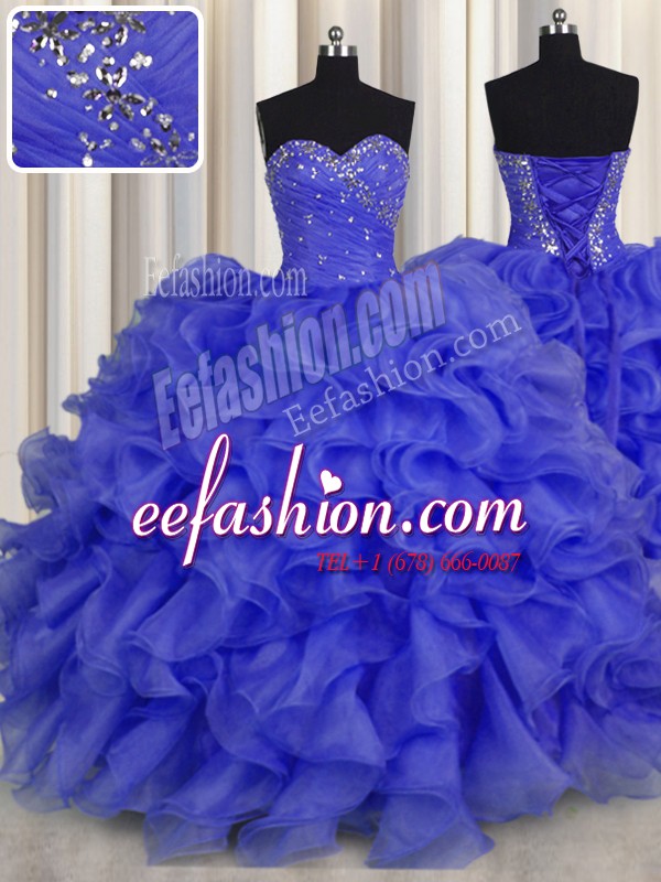 Best Organza Sweetheart Sleeveless Lace Up Beading and Ruffles Sweet 16 Dress in Royal Blue