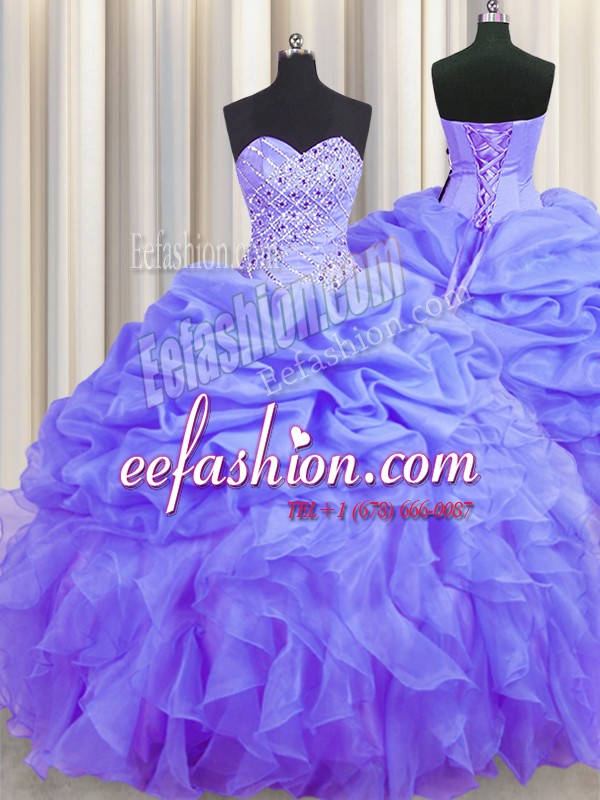 New Style Lavender Sleeveless Beading and Ruffles and Pick Ups Floor Length Quinceanera Dresses