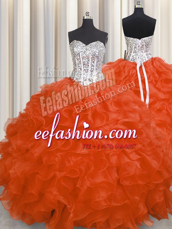  Red Sweetheart Neckline Beading and Ruffles 15th Birthday Dress Sleeveless Lace Up