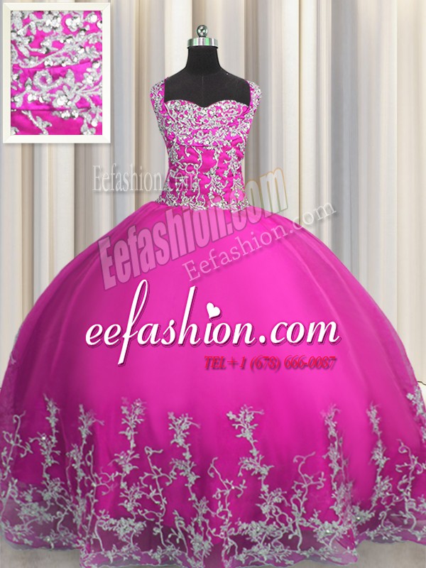 Gorgeous Fuchsia Tulle Lace Up Straps Sleeveless Floor Length Sweet 16 Dresses Beading and Appliques