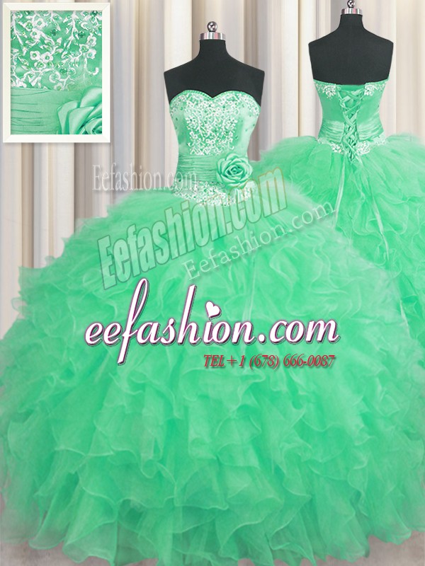 Customized Handcrafted Flower Apple Green Lace Up Ball Gown Prom Dress Beading and Ruffles and Hand Made Flower Sleeveless Floor Length