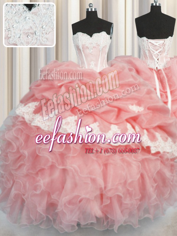 Organza Sleeveless Floor Length Quince Ball Gowns and Appliques and Ruffles and Pick Ups