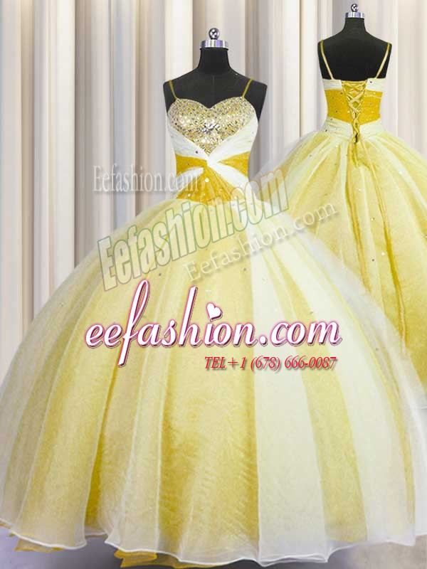 Glorious Ball Gowns Quinceanera Gowns Yellow Spaghetti Straps Organza Sleeveless Floor Length Lace Up