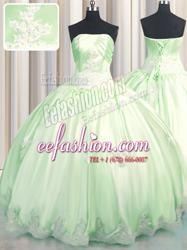 Ideal Floor Length Lace Up Ball Gown Prom Dress Green for Military Ball and Sweet 16 and Quinceanera with Beading and Appliques