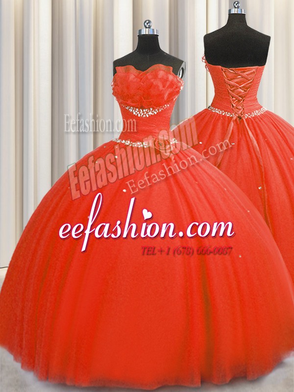 Flirting Handcrafted Flower Floor Length Ball Gowns Sleeveless Coral Red Vestidos de Quinceanera Lace Up