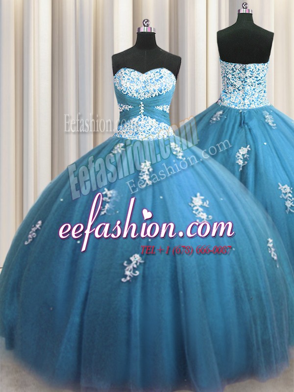 Chic Teal Column/Sheath Beading and Appliques Quinceanera Dress Lace Up Tulle Sleeveless Floor Length