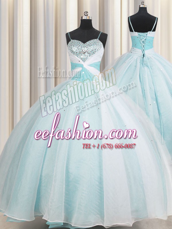 Dramatic Aqua Blue Ball Gowns Organza Spaghetti Straps Sleeveless Beading and Ruching Floor Length Lace Up Quinceanera Gown