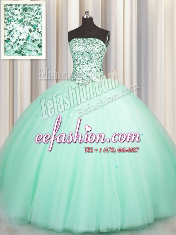  Puffy Skirt Sleeveless Tulle Floor Length Lace Up Quinceanera Gowns in Apple Green with Beading and Sequins