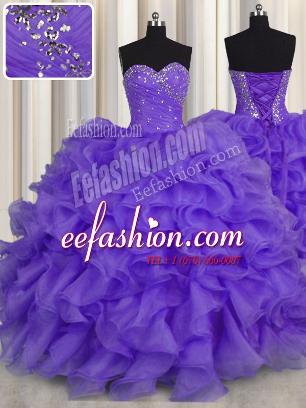  Lavender Lace Up Quinceanera Gowns Beading and Ruffles Sleeveless Floor Length