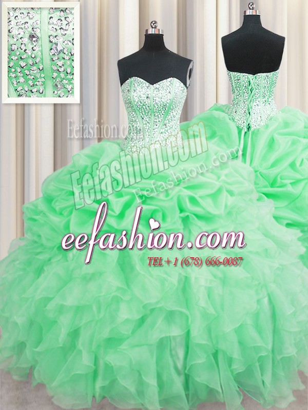Visible Boning Apple Green Ball Gowns Beading and Ruffles and Pick Ups Vestidos de Quinceanera Lace Up Organza Sleeveless Floor Length