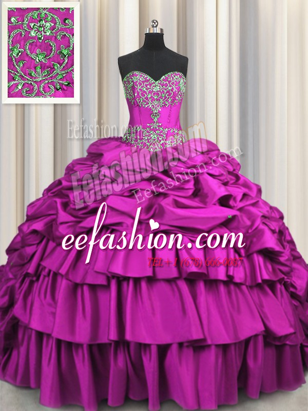  Embroidery Brush Train Floor Length Fuchsia Sweet 16 Quinceanera Dress Sweetheart Sleeveless Lace Up