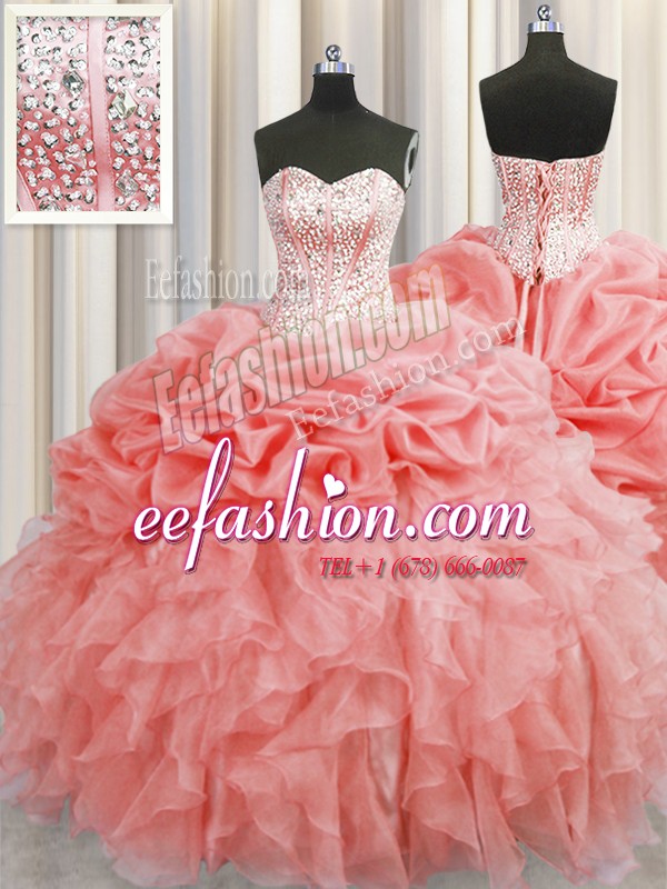 Unique Visible Boning Watermelon Red Ball Gowns Organza Sweetheart Sleeveless Ruffles and Pick Ups Floor Length Lace Up Quinceanera Gowns
