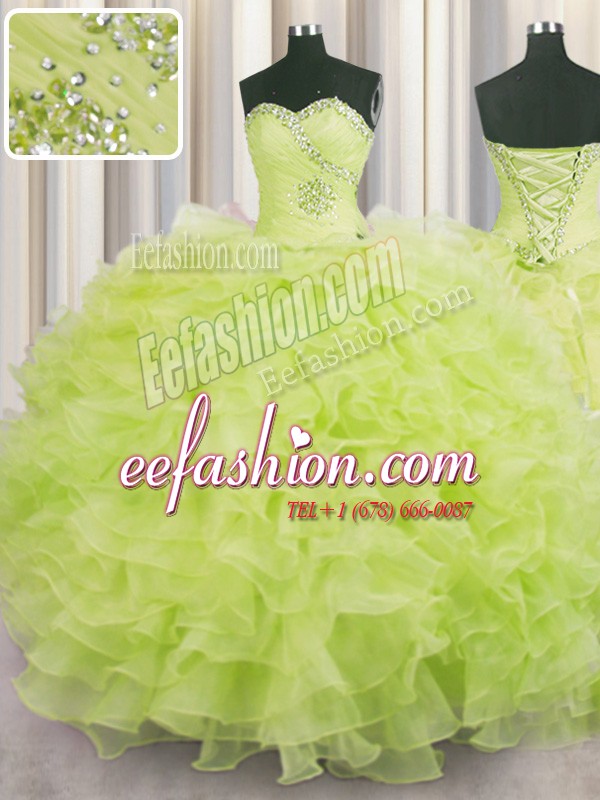 High Quality Floor Length Yellow Green 15th Birthday Dress Organza Sleeveless Beading and Ruffles
