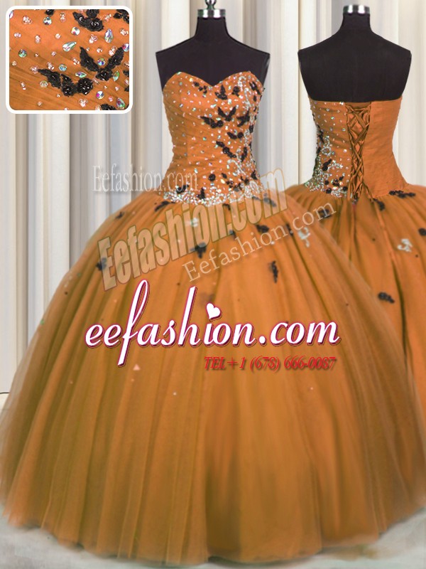 High Class Tulle Sweetheart Sleeveless Lace Up Beading and Appliques Sweet 16 Quinceanera Dress in Rust Red