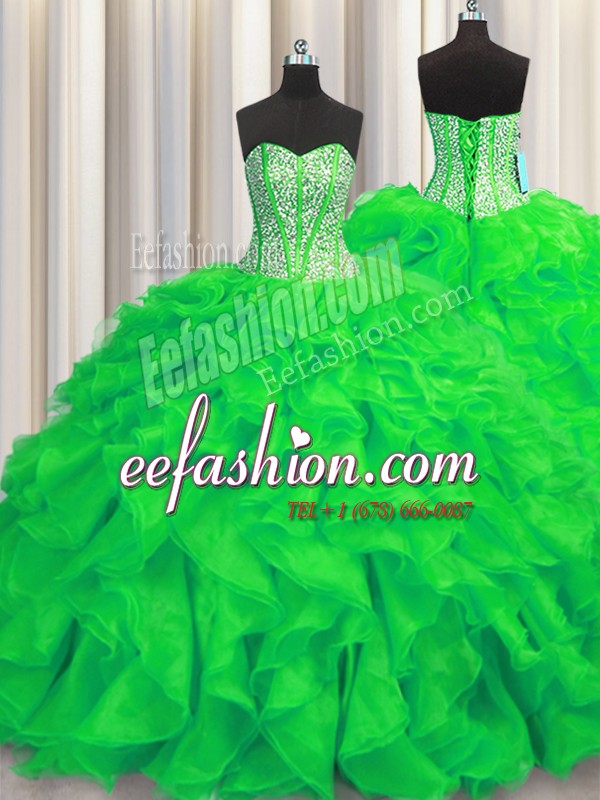 Flare Visible Boning Green Sleeveless Beading and Ruffles Lace Up Quince Ball Gowns
