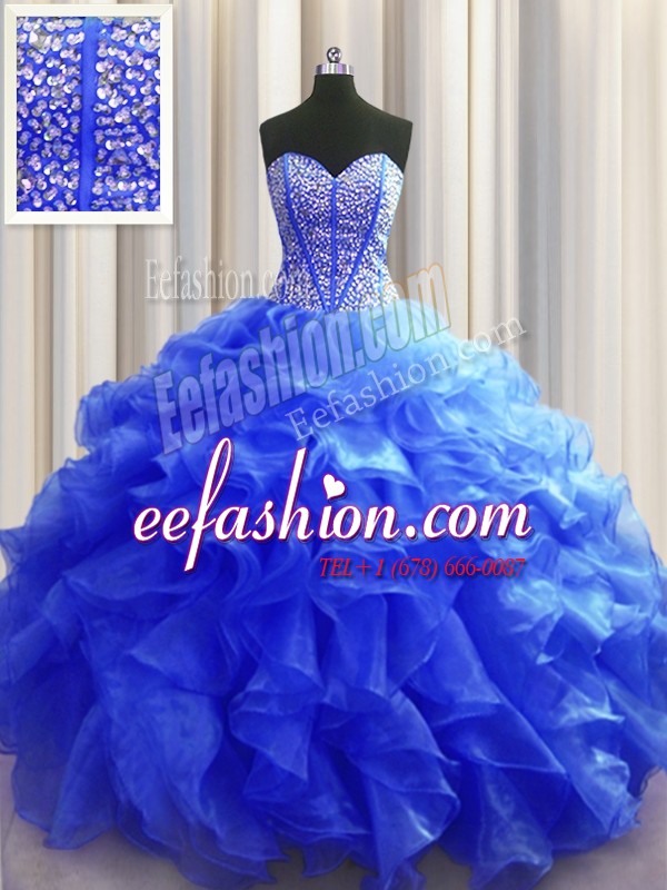 Wonderful Visible Boning Royal Blue Organza Lace Up Sweet 16 Quinceanera Dress Sleeveless Floor Length Beading and Ruffles