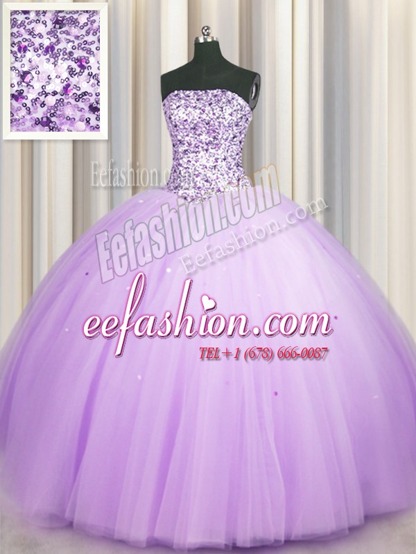Beautiful Really Puffy Lavender Ball Gowns Strapless Sleeveless Tulle Floor Length Lace Up Beading and Sequins Sweet 16 Quinceanera Dress