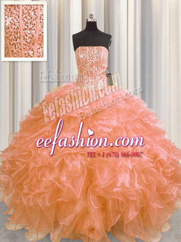 Affordable Visible Boning Orange Ball Gowns Strapless Sleeveless Organza Floor Length Lace Up Beading and Ruffles Sweet 16 Quinceanera Dress