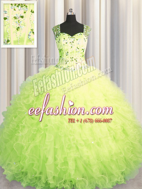 Sexy See Through Zipper Up Straps Sleeveless Quince Ball Gowns Floor Length Beading and Ruffles Yellow Green Tulle