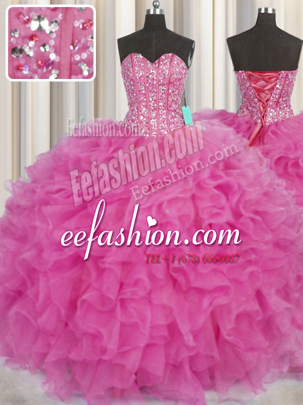  Visible Boning Hot Pink Sleeveless Floor Length Beading and Ruffles Lace Up Quince Ball Gowns