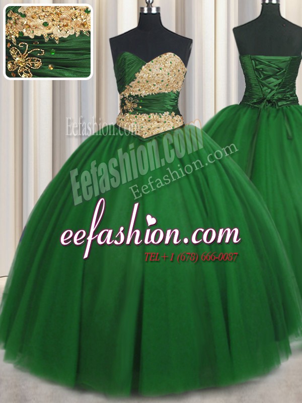 Floor Length Lace Up Quinceanera Dresses Green for Military Ball and Sweet 16 and Quinceanera with Beading and Appliques