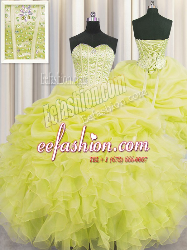 Pick Ups Visible Boning Ball Gowns Sweet 16 Dresses Yellow Sweetheart Organza Sleeveless Floor Length Lace Up