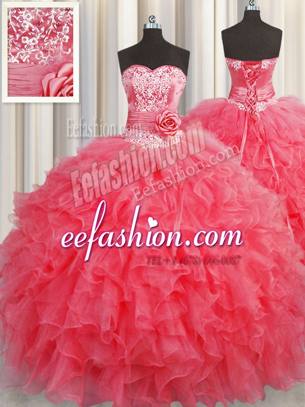  Handcrafted Flower Sleeveless Floor Length Ruffles and Hand Made Flower Lace Up Sweet 16 Quinceanera Dress with Coral Red
