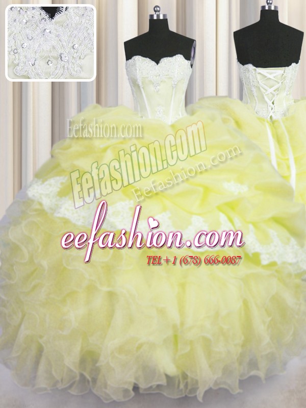 New Style Sleeveless Organza Floor Length Lace Up Quinceanera Gowns in Light Yellow with Beading and Appliques and Ruffles and Pick Ups