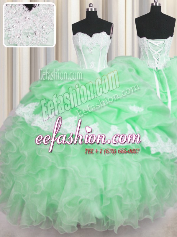 On Sale Green Sleeveless Floor Length Beading and Appliques and Ruffles and Pick Ups Lace Up 15 Quinceanera Dress