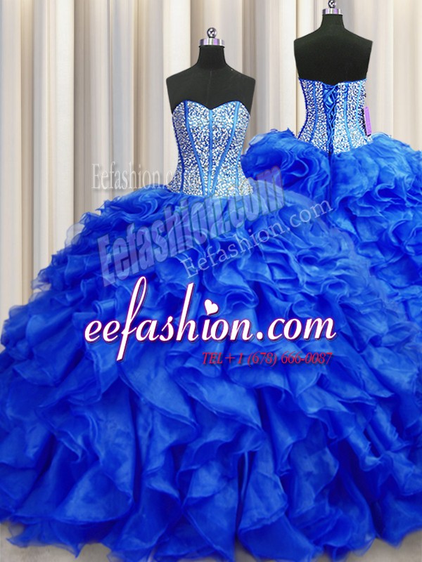 Visible Boning Royal Blue Sleeveless Brush Train Beading and Ruffles Ball Gown Prom Dress