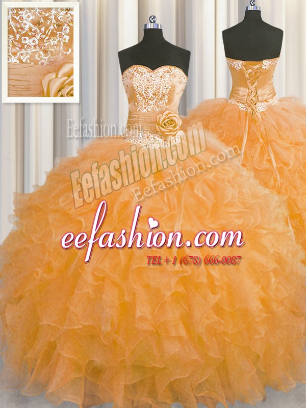 Handcrafted Flower Floor Length Orange Sweet 16 Dresses Organza Sleeveless Beading and Ruffles and Hand Made Flower