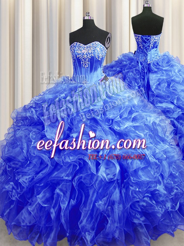  Royal Blue Lace Up Quinceanera Gowns Beading and Ruffles Sleeveless Sweep Train