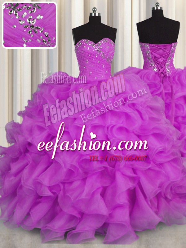  Sleeveless Organza Floor Length Lace Up Ball Gown Prom Dress in Purple with Beading and Ruffles
