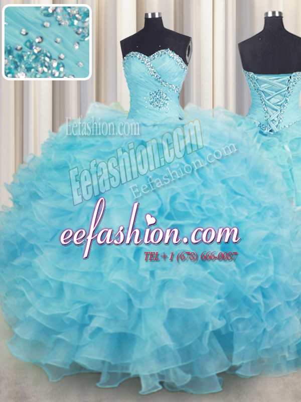 Glorious Floor Length Lace Up Quinceanera Gown Aqua Blue for Military Ball and Sweet 16 and Quinceanera with Beading and Ruffles