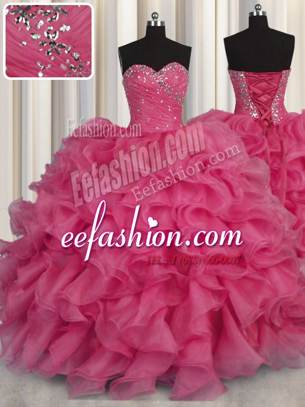 Classical Sweetheart Sleeveless Quinceanera Gown Floor Length Beading and Ruffles Hot Pink Organza
