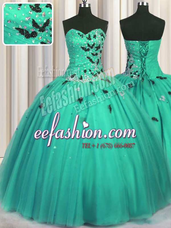  Turquoise Sweetheart Lace Up Beading and Appliques Quince Ball Gowns Sleeveless