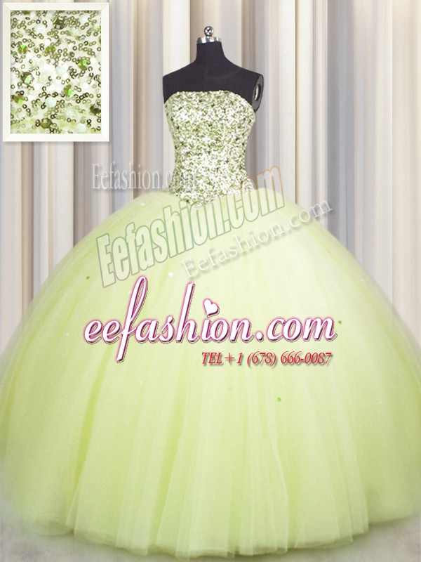  Big Puffy Light Yellow Tulle Lace Up Vestidos de Quinceanera Sleeveless Floor Length Beading and Sequins