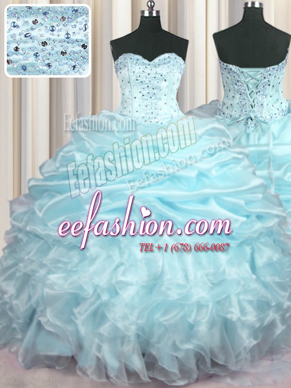 Sumptuous Light Blue Organza Lace Up Sweetheart Sleeveless With Train 15 Quinceanera Dress Brush Train Beading and Ruffles and Pick Ups