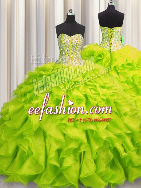 Affordable Visible Boning Yellow Green Quinceanera Dress Military Ball and Sweet 16 and Quinceanera and For with Beading and Ruffles Sweetheart Sleeveless Lace Up